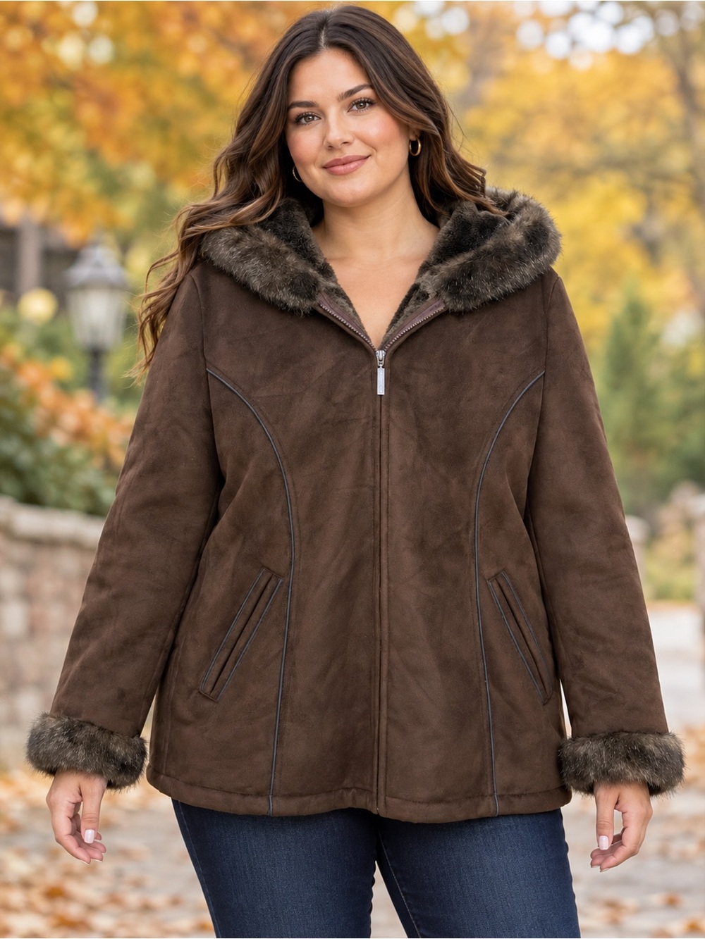 Liz Claiborne XL Brown Faux Suede Hooded Coat Faux Fur Trim Zip Front